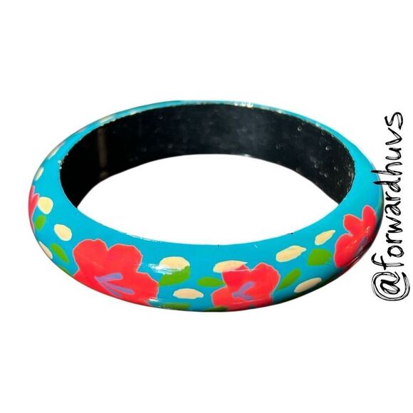 Hand-Painted Wooden Bangle Bracelet - Turquoise with Red Floral Design - Picture 6 of 8